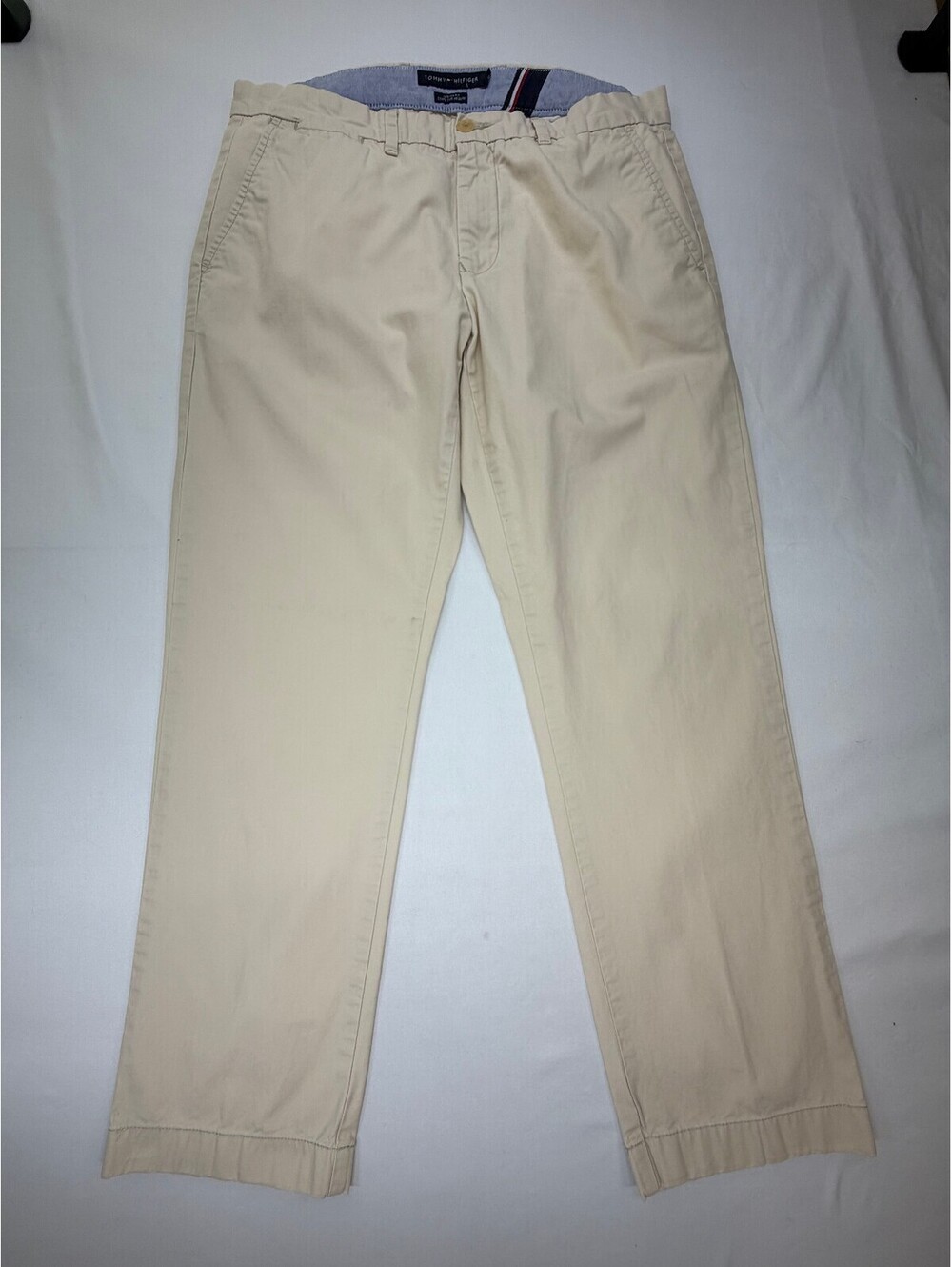 Tommy Hilfiger Men's Chino Pants Custom Fit Flat Front Straight Size 34/30 Beige